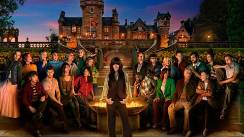 The cast of series four of the Traitors outside the castle with Claudia Winkleman