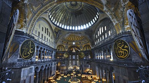Interior of the Blue Mosque still displays some of the original Christian imagery from when the building was used as a church