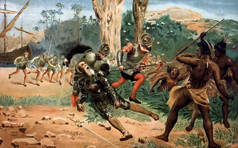 Alamy A 19th-Century lithograph portrays the death of Magellan in the Battle of Mactan (Credit: Alamy)