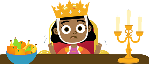 The Queen is sitting at a wooden table with a worried look on her face, On the table is a fancy candle and a bowl of fruit.