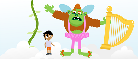 Jack stands on a cloud with the fairy who is holding the golden harp.