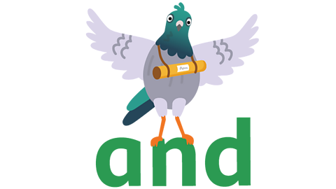 A carrier pigeon holding the word 'and' with its feet.