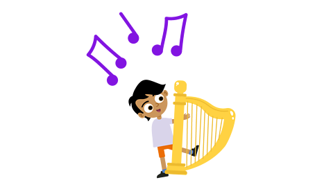 Jack playing the golden harp with music notes around him.