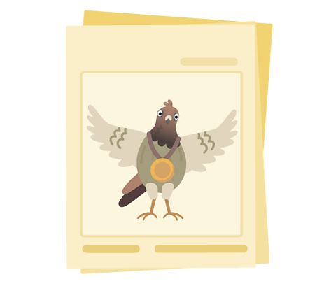 A pigeon wearing a medal on the front of a newspaper.