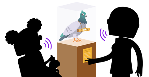 Two characters talking about a carrier pigeon on a plinth.