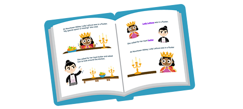 An open book with words and pictures