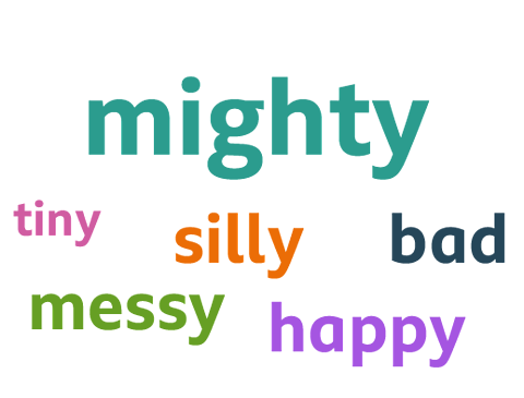 A word cloud with the words: Mighty, tiny, silly, bad, messy happy