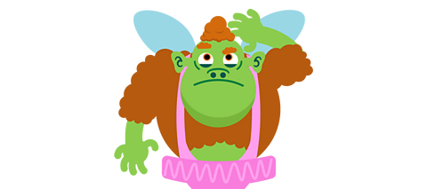 Green fairy wearing a pink tutu scratching his head.