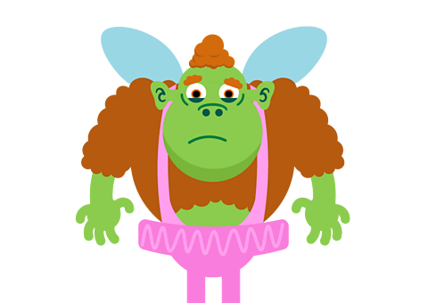 Hairy fairy wearing a pink tutu looking sad.