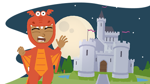 Dragon roaring at night outside a castle.