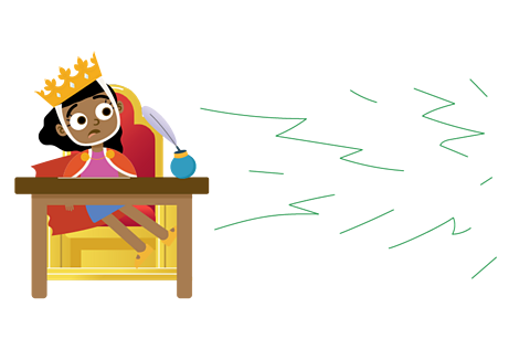 Queen looking shocked whilst sat at her desk with roaring vibrations coming towards her.