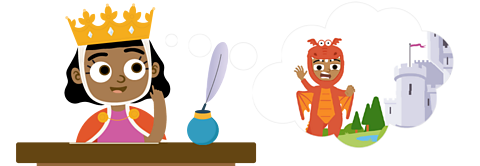 Queen sat at a desk writing a letter, with a thinking bubble of a roaring dragon.