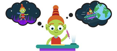 Alien Moop writing at a desk with thought bubbles of running through purple grass and travelling in a spaceship towards Earth.