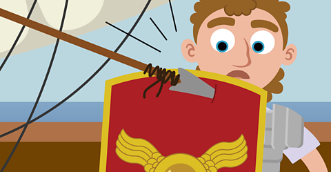 A worried looking Roman soldier with an arrow in his shield.