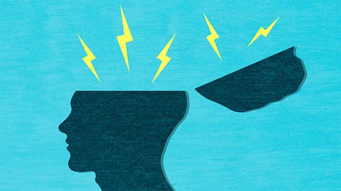 Illustration of a person with their skull open with lightning bolts coming out