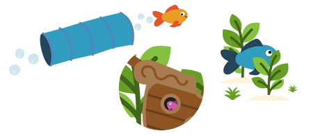 A fish swimming through a tunnel, between some weed and hiding in a ship ornament.