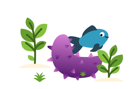 A fish swimming around a sea cucumber.