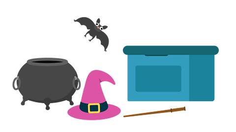 A desk, a cauldron, a bat, a wizard, a wand and a pink witch's hat.