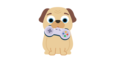 A dog with sharp teeth holding a games controller in its mouth.