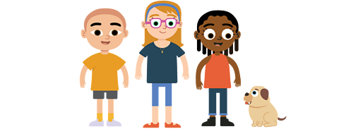 Three children stood in a line and a dog sitting next to them.