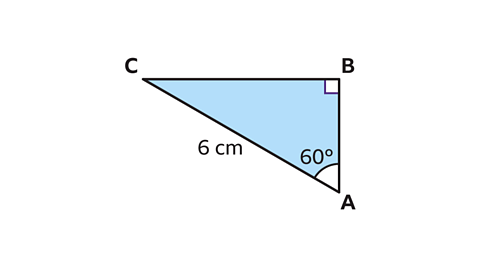 Right-angled triangle labelled ABC. The hypotenuse (AC) equals 6 cm and angle CAB equals 60 degrees