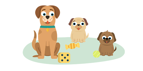 Three dogs sat on a mat each with a toy by their feet.