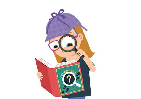 A child wearing a detective's deerstalker hat peers into a book titled 'Curious cases' with a magnifying glass.