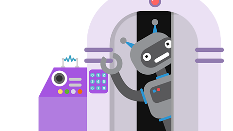 A robot waving from an electronic doorway that has a keycode pad.