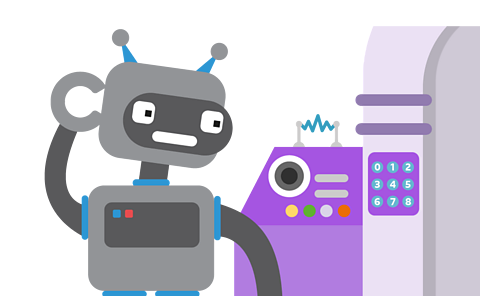 A robot scratching its head looking at an electronic door keypad.