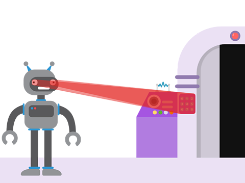 A robot using lasers from its eyes to scan an electronic door keypad.