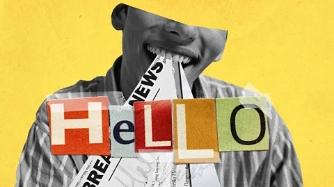 Serenity Strull/ BBC "Breaking news" pours out of the bottom half of a person's face, with the word "hello" in front of them (Credit: Serenity Strull/ BBC)