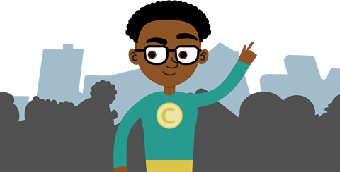 Captain Could, a superhero, looking brave in front of a silhouetted crowd.