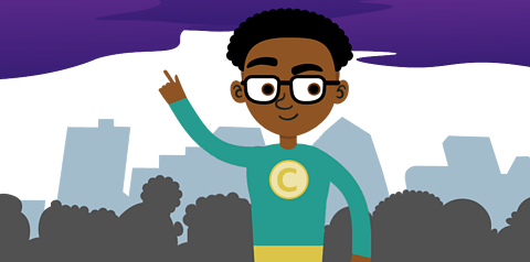 Captain Could, the superhero, looking brave in front of a silhouetted crowd, under an ominous purple cloud.