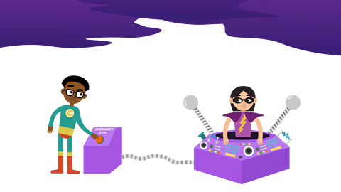 Captain Could pressing a button to stop the Storm Hacker, who is sat behind their storm control panel.