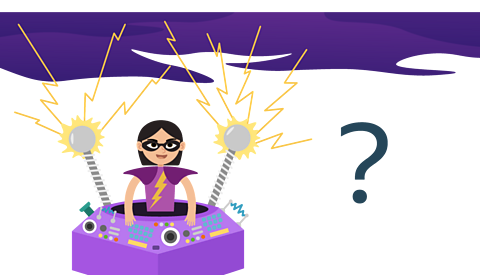The Storm Hacker sat behind a control panel with lightening shooting into the purple clouds and a question mark.