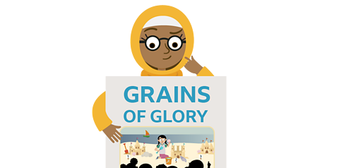 A girl looking thoughtful whilst holding a newspaper article about the 'Grains of Glory' sandcastle competition.