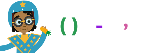 A dare devil in a safely helmet holding a carrot with brackets, a hyphen and a comma next to them.