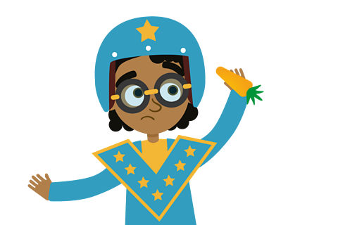 A dare devil in a safely helmet worriedly holding a carrot.