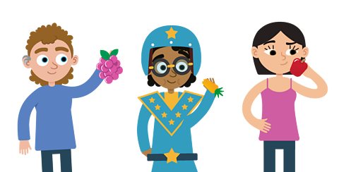 Three smiling characters; one holding grapes, a daredevil eating a carrot and the third eating an apple.