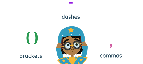 A worried looking daredevil with brackets, dashes and commas around him.