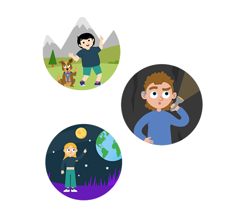 A character walking in the mountains, one in a tunnel with a torch and one stood on an alien land.