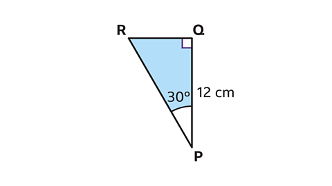 Right-angled triangle PQR with angle of 30 degrees between unknown hypotenuse and side of 12 cm. Shortest side is also unknown