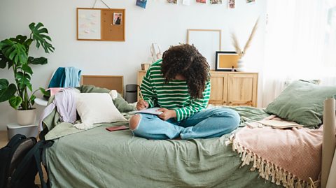 Person on bed writing in a notebook.