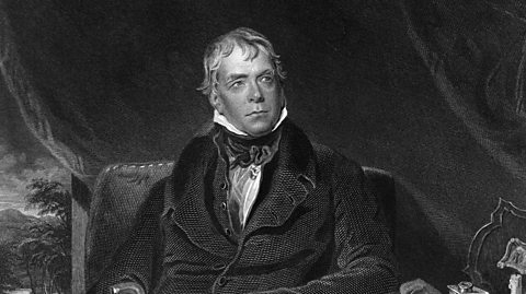 A black and white illustration of author Sir Walter Scott. He sits on a chair wearing a thick outer coat with a waistcoat beneath, a white high collared neck shirt and has short hair. He looks away from the camera and has a plain expression