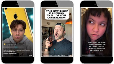 An image showing three smartphones with TikTok posts relating to claims that our phones listen in to us