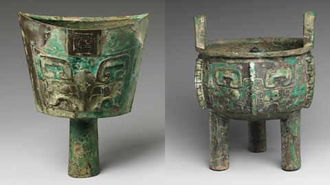 Two examples of a bronze bell and cauldron from the Shang dynasty.