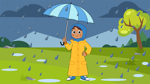 A girl in a raincoat holding an umbrella in the rain.