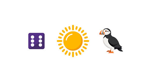 A dice showing 6, a sunshine and a puffin.