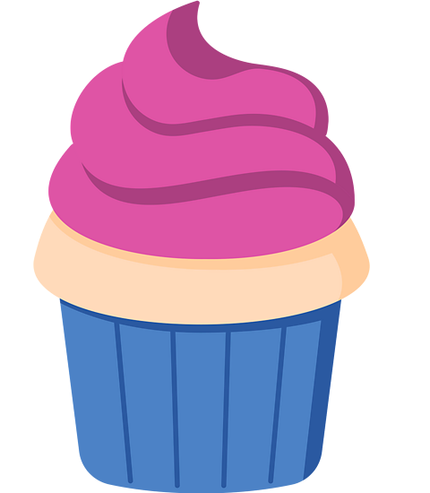 A cartoon cupcake with pink icing and a blue bun case