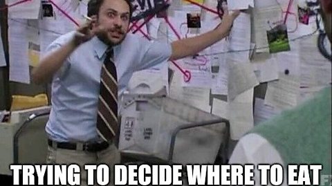 A version of the Pepe Silvia meme - taken from a scene in FX sitcom It's Always Sunny in Philadelphia - with the words "trying to decide where to eat". The photo shows a frantic looking man in a blue shirt and brown striped tie, one arm aloft holding a cigarette. His other arm is on a board filled with pieces of paper